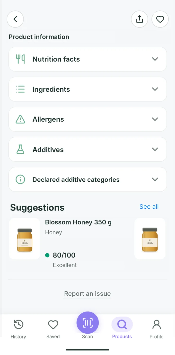 The product information screen: sections for nutrition facts, ingredients, allergens, additives and declared additive categories, with similar product suggestions below.