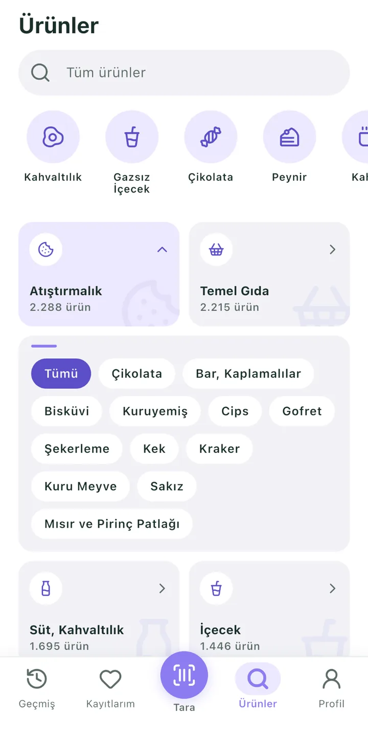 Ürünler sekmesi: arama alanı, kahvaltılık, gazsız içecek ve çikolata gibi kategoriler ile atıştırmalık alt kategorileri.